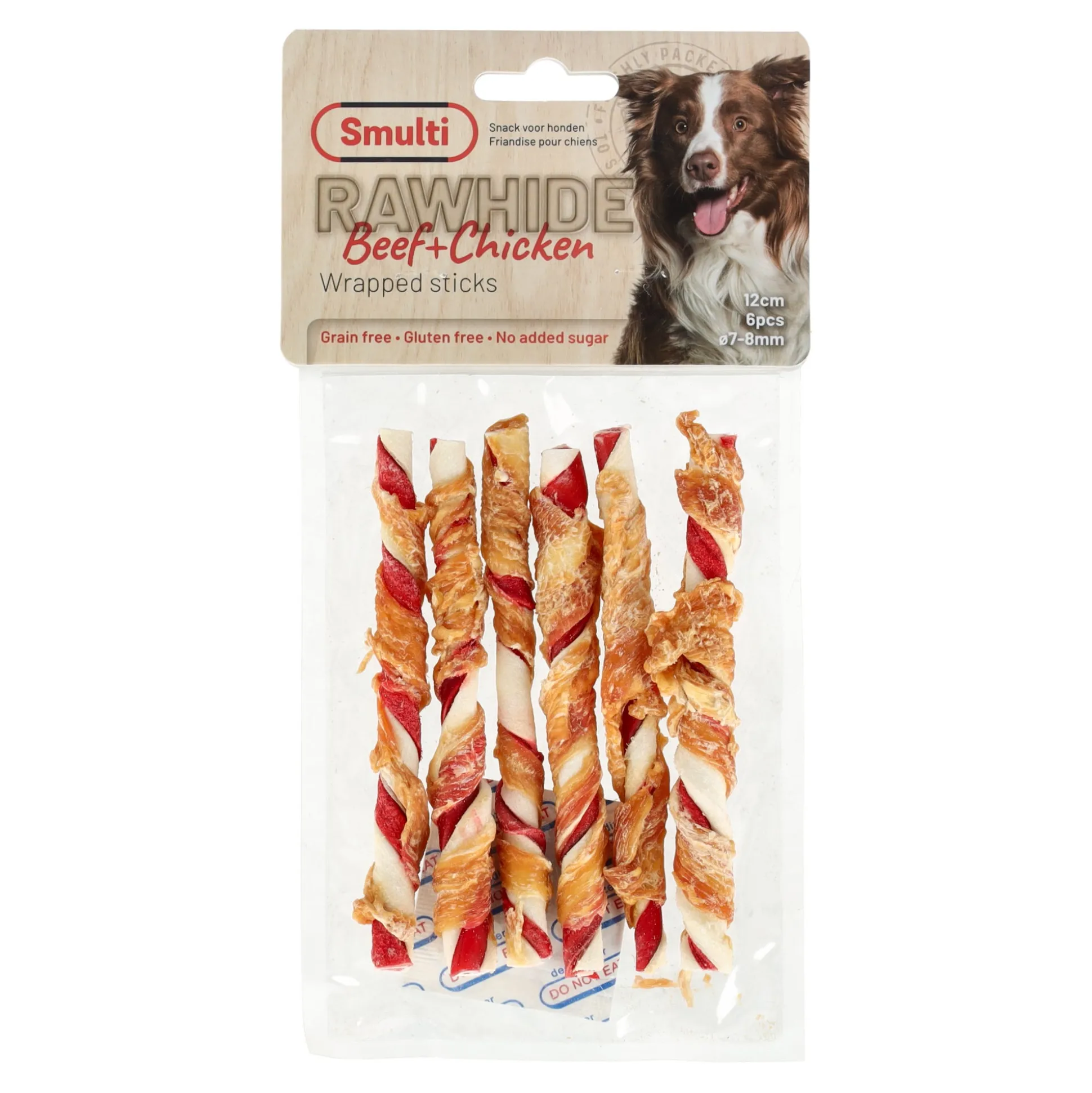 Hondensnack rawhide staaf + kip 7/8mm 12cm 70g Smulti