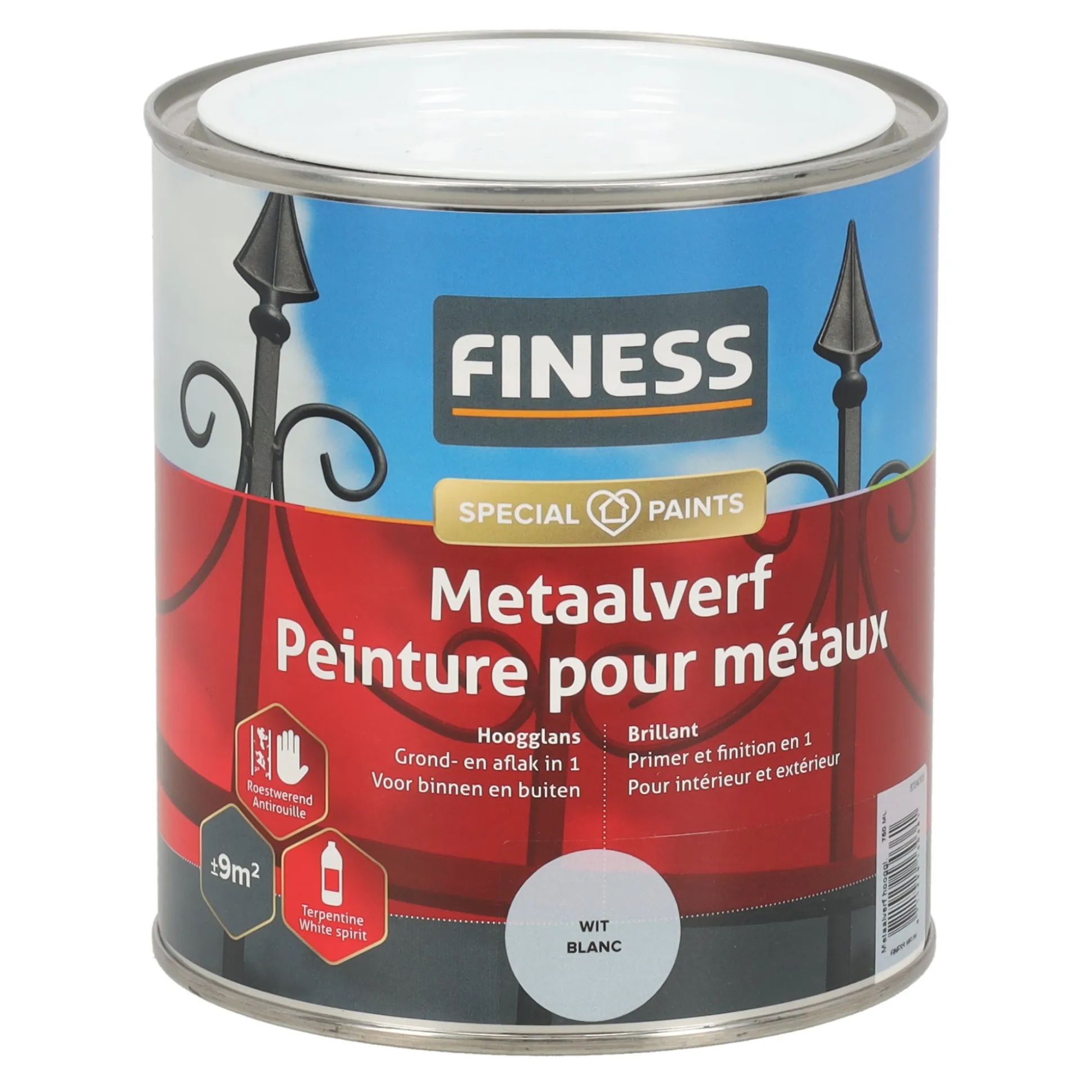 Metaalverf hoogglans wit 9010 750ml Finess