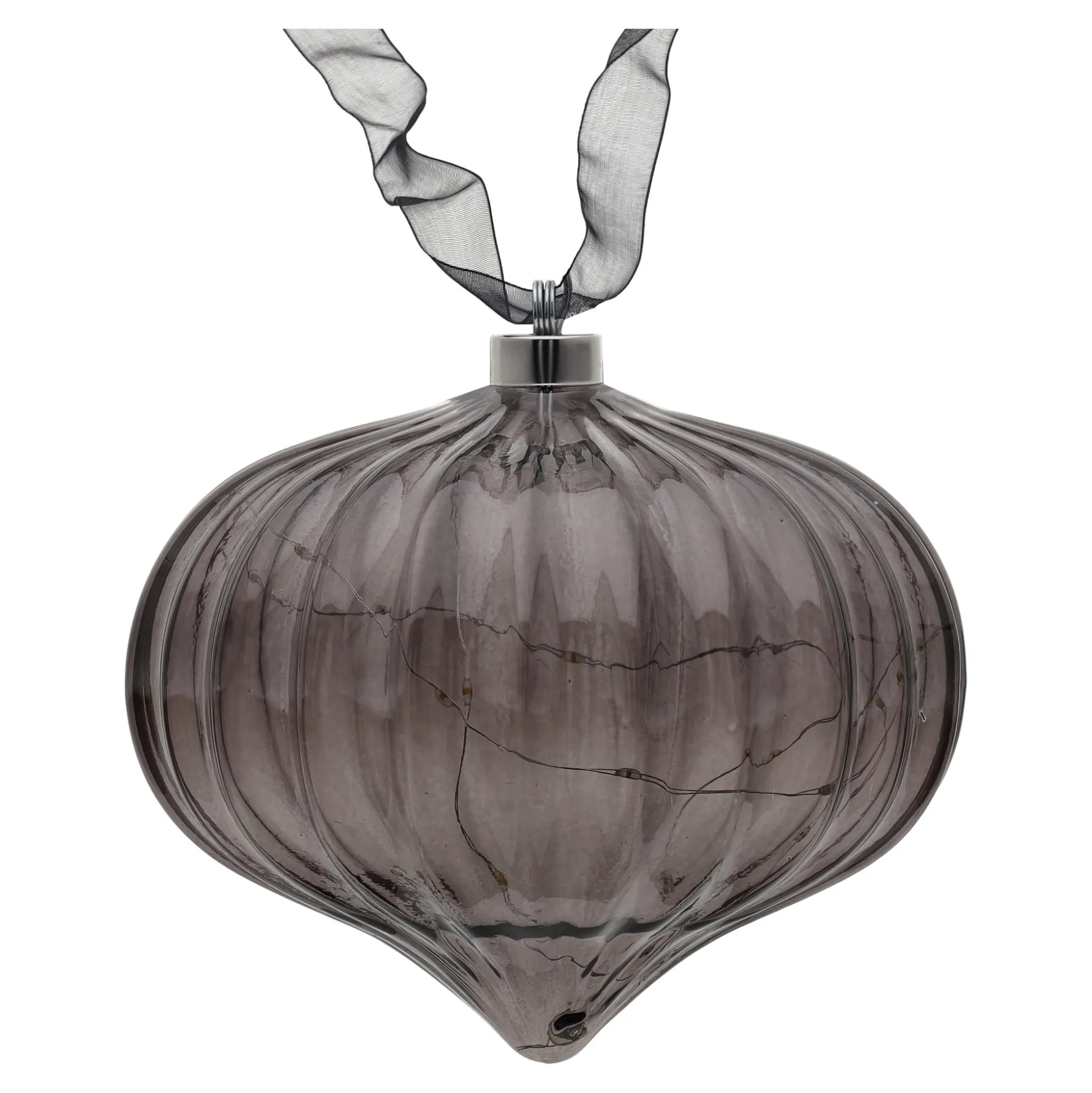 Ornament met lint grijs 21 cm 20 LED-warmwit