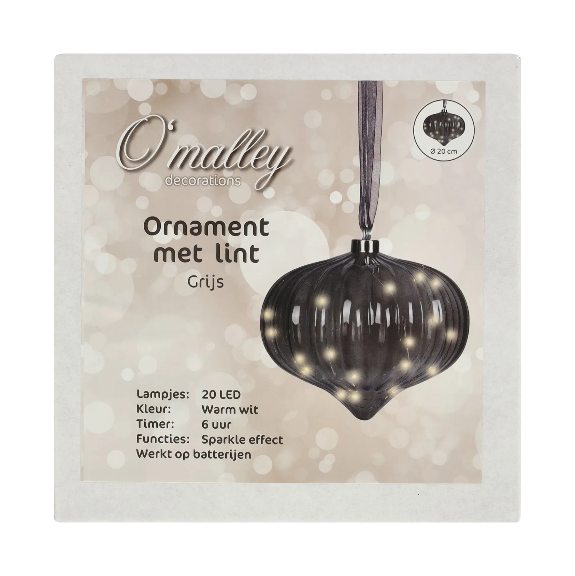 Ornament met lint grijs 21 cm 20 LED-warmwit
