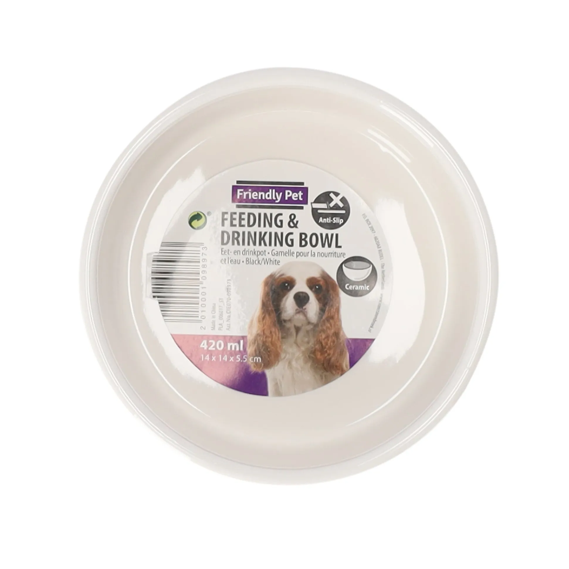 Voerbak hond kera slip 14cm zwart/wit